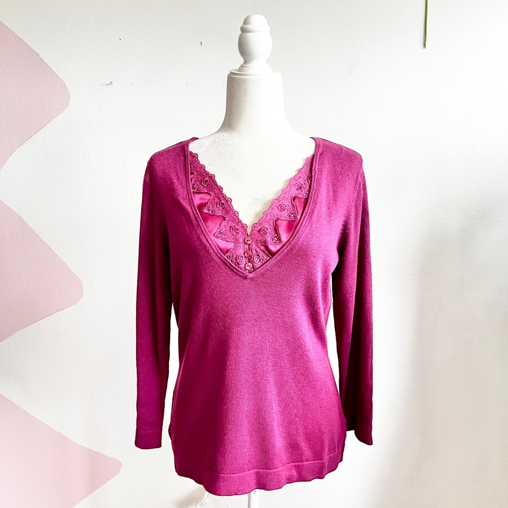 Apostrophe Lace Embroidered Top Blouse Romantic Pink‎ Vintage Inspired Medium